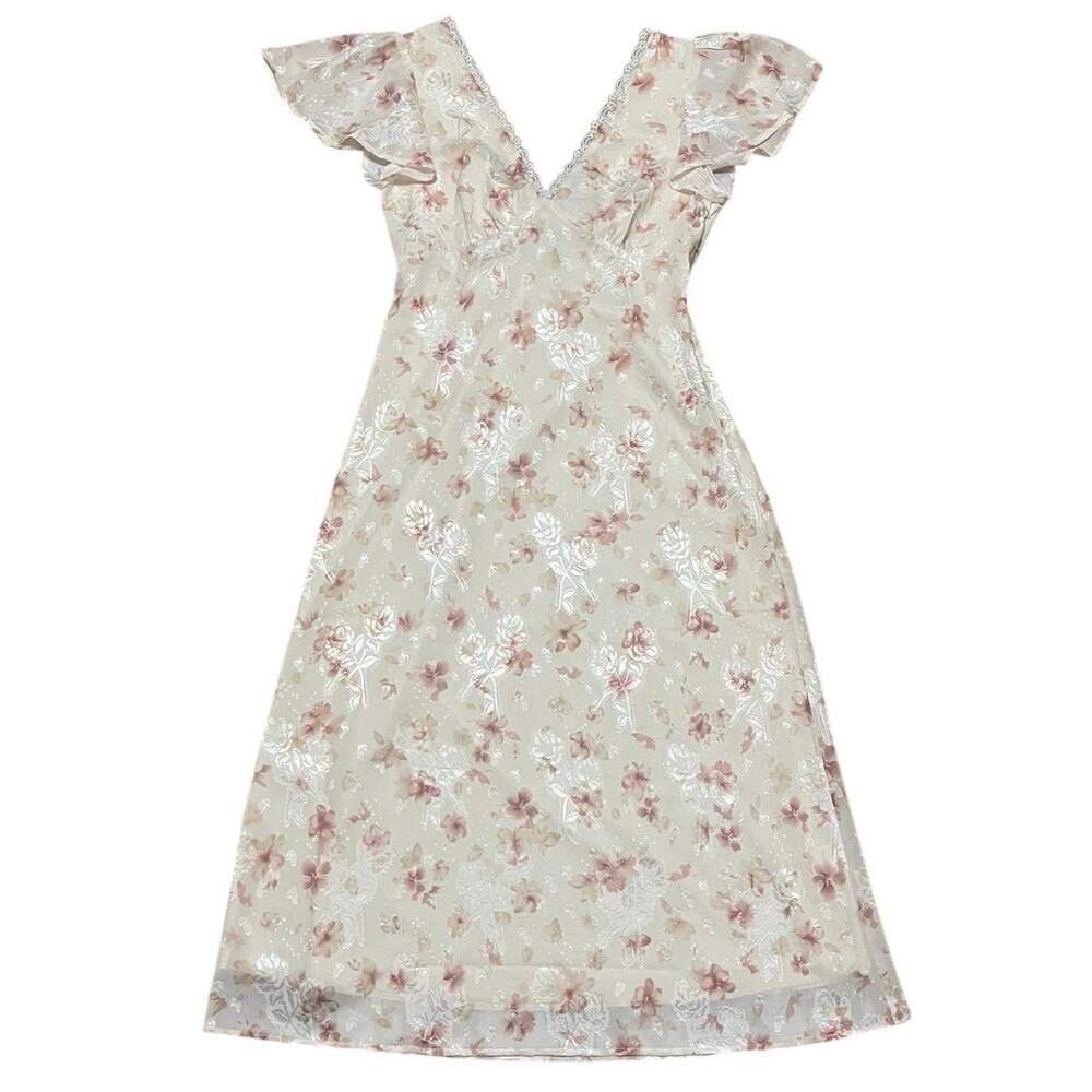 Storia Floral Boho Midi Dress M V-Neck Flutter Sleeve Lace Boho Chic Romantic - Picture 6 of 10